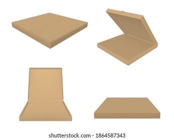 Pizza craft boxes realistic empty templates set. Open and closed disposable carton packaging mockups for food. Isometric, side, front view. Vector cardboard container collection isolated on white.