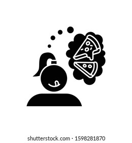 Pizza Craving Glyph Icon. Woman Thinking Of Fast Food. Unhealthy Treat. Appetite For Italian Cuisine. Girl Want Snack. Silhouette Symbol. Negative Space. Vector Isolated Illustration