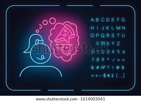 Pizza craving neon light icon. Woman thinking of fast food. Unhealthy treat. Appetite for italian cuisine. Glowing sign with alphabet, numbers and symbols. Vector isolated illustration