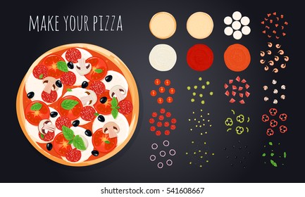 Pizza create decorative icons set with round pizza image and vegetable slices bunch of cooking ingredients vector illustration