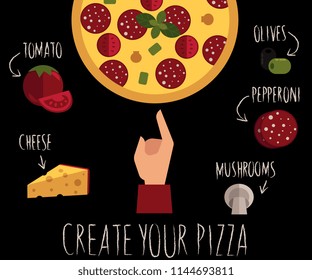 Pizza creation poster with ingredients and hand on blackboard with chalk inscription. Pepperoni, mushrooms, tomato olives and cheese for traditional italian cuisine food. Vector illustraiton