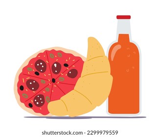 Pizza, Croissant and Soda Drink, Fast Food with High In Calories, Fat, And Sodium, And Is Associated With Negative Health Effects When Consumed In Excess. Cartoon Vector Illustration