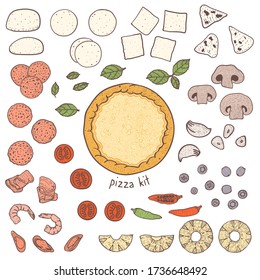 Pizza crust and popular toppings, sketching illustration