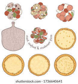 Pizza crust and unvegetarian topping meat and seafood, sketching illustration