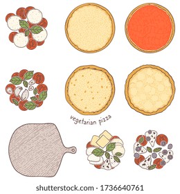 Pizza crust and vegetarian topping vegetables and green and cheese, sketching illustration