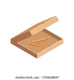 Pizza Crusts In Opened Cardboard Box Isometric Isolated On White Background. 3d Fast Food Scraps Icon. Vector Illustration For Web, Advert, App, Design