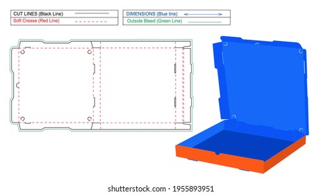 Pizza custom box illustration. Pizza box dieline template and 3D box vector illustration