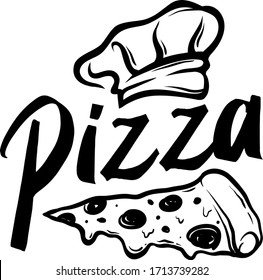 Pizza custom logo for restaurant and cafe, black and white vector illustration isolated on white background.