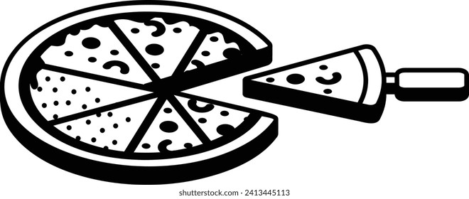 Pizza in acht Scheiben geschnitten mit lifter isometrisometrischem Konzept, Pizzetta mit Serving Spoon Handgezeichnete Vektorgrafik, Bäckerei- und Bäckergezeichnet, Zeichen für Küche und Küche, Stockillustration "Culinary Doodle"
