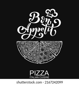 Pizza cut into pieces. Italian food menu design template. Hand drawn pizzeria menu template. Vector illustration.