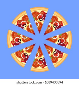 Pizza cut into pieces. Tasty pizza. Vector illustration.