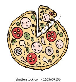 Pizza with cut piece. freehand drawing. Vector illustration. Doodle art.
