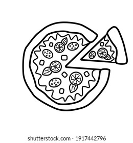 Pizza with cut piece, with tomatoes, olives, sausage and cheese, isolated on white background. Simple pizza icon. Concept of fast food. Vector illustration in line art style