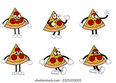 Pizza. cute food characters set isolated on white background. Vector illustration