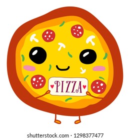 Pizza is cute, kind with big eyes. Cheerful pastry in kawaii or doodle style. Cartoon image in flat style. background. Vector illustration isolated on white. Hand-drawn drawing.