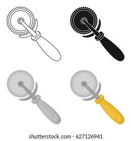 Pizza cutter icon in cartoon style isolated on white background. Pizzeria symbol stock vector illustration.