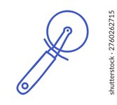 Pizza cutter in linear vector icon style. Hand drawn icon. Outline vector isolated illustration. 