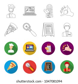 A pizza cutter, a slice, a menu in a pizzeria, a courier. Pizza and pizzeria set collection icons in outline,flet style vector symbol stock illustration web.