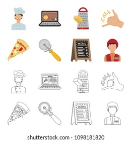 A pizza cutter, a slice, a menu in a pizzeria, a courier. Pizza and pizzeria set collection icons in cartoon,outline style vector symbol stock illustration web.