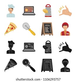A pizza cutter, a slice, a menu in a pizzeria, a courier. Pizza and pizzeria set collection icons in black,cartoon style vector symbol stock illustration web.
