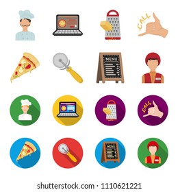 A pizza cutter, a slice, a menu in a pizzeria, a courier. Pizza and pizzeria set collection icons in cartoon,flat style vector symbol stock illustration web.