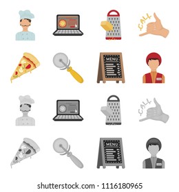 A pizza cutter, a slice, a menu in a pizzeria, a courier. Pizza and pizzeria set collection icons in cartoon,monochrome style vector symbol stock illustration web.