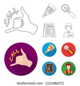A pizza cutter, a slice, a menu in a pizzeria, a courier. Pizza and pizzeria set collection icons in outline,flat style vector symbol stock illustration web.