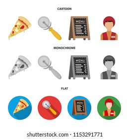 A pizza cutter, a slice, a menu in a pizzeria, a courier. Pizza and pizzeria set collection icons in cartoon,flat,monochrome style vector symbol stock illustration web.