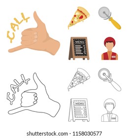 A pizza cutter, a slice, a menu in a pizzeria, a courier. Pizza and pizzeria set collection icons in cartoon,outline style vector symbol stock illustration web.