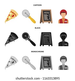 A pizza cutter, a slice, a menu in a pizzeria, a courier. Pizza and pizzeria set collection icons in cartoon,black,monochrome style vector symbol stock illustration web.
