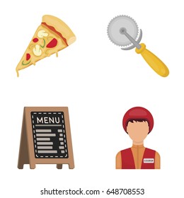 A pizza cutter, a slice, a menu in a pizzeria, a courier. Pizza and pizzeria set collection icons in cartoon style vector symbol stock illustration web.