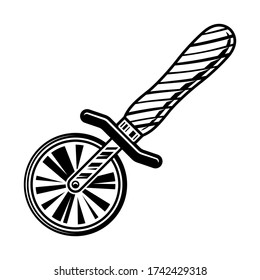 Pizza cutter or slicer vector graphic object or design element in vintage monochrome style isolated on white background