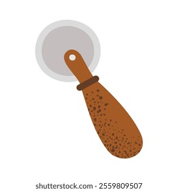 Pizza cutter with a wooden handle. Essential kitchen tool for food designs, recipes, and Italian cuisine illustrations. Flat vector, isolated on white background.