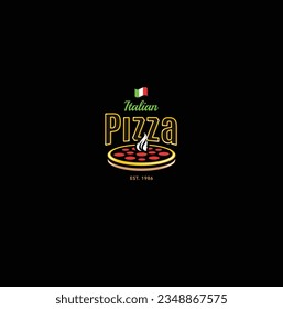 Pizza Daily Fresh Vector Emblem on blackboard. Pizza logo template. Vector emblem for cafe, restaurant or food delivery service.
Italian pizza restaurant design logo. symbols for food and drink.