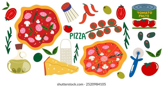 Pizza Day vector. Italian pizza with basil, arugula, tomatoes, mushrooms, salami, chili, parmesan, olives, rosemary. Pieces of pizza, a set of ingredients, various toppings. Cartoon doodle icons