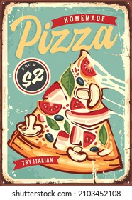 Pizza decorative poster template for restaurant or pizzeria. Italian food retro sign layout. Food vector image.