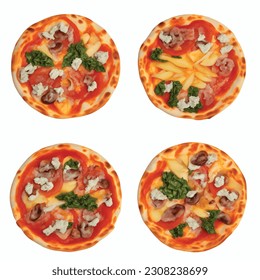 Pizza delicious with different toppings isolated on white background 3D for restaurant menu: Venison, kale, pears, gorgonzola cheese, rosemary, tilapia, crab, marinated mushrooms, radishes.

