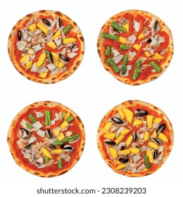 Pizza deliciosa con diferentes ingredientes aislados en 3D de fondo blanco para la carta del restaurante: Turquía, espárragos, mangos, queso brie, eneldo, fletán, mejillones, pimientos rojos asados, aguacates.

