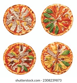 Pizza delicious with different toppings isolated on white background 3D for restaurant menu: Beef, carrots, apples, mozzarella cheese, cilantro, tuna, scallops, olives, tomatoes.

