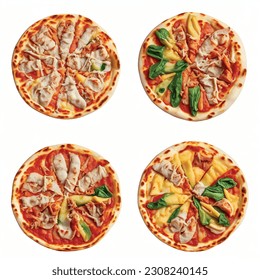 Pizza delicious with different toppings isolated on white background 3D for restaurant menu: Chicken, broccoli, pineapple, cheddar cheese, spinach, salmon, shrimp, pickles, bell peppers.

