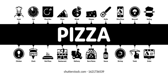 Pizza Delicious Food Minimal Infographic Web Banner Vector. Pizza With Seafood And Vegetable, With Chicken And Cheese, Cook And Delivery Concept Illustrations