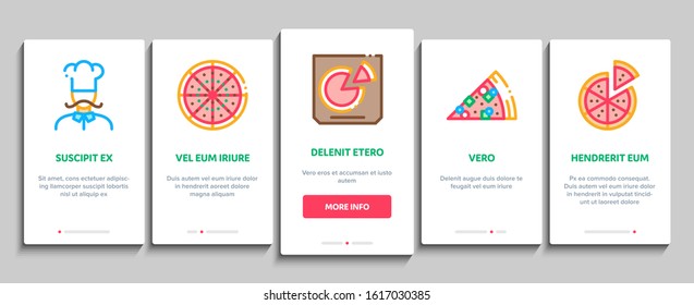 Pizza Delicious Food Onboarding Mobile App Page Screen Vector. Pizza With Seafood And Vegetable, With Chicken And Cheese, Cook And Delivery Concept Linear Pictograms. Color Contour Illustrations