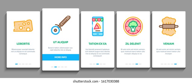 Pizza Delicious Food Onboarding Mobile App Page Screen Vector. Pizza With Seafood And Vegetable, With Chicken And Cheese, Cook And Delivery Concept Linear Pictograms. Color Contour Illustrations