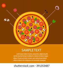 pizza. Delicious pizza with ingredients. Image of pizza with place for text. Vector illustration. Pizza with mushrooms, black olives, tomatoes