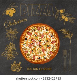 Pizza Delicious Italian cuisine Vintage style hand drawn vector illustration isolated on chalkboard background with line art sketch of olive branches, cutlery, spice and herbs. Menu design elements