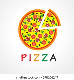 Pizza delivering  logotype. Illustration of pizza with sausages and mushrooms. Piece of pie of fastfood brand abstract sign.