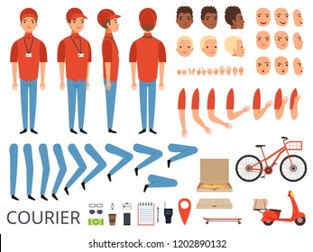 Pizza delivery animation. Fast food courier body parts with professional items box bike vector character creation kit. Courier creation kit hand and foot illustration