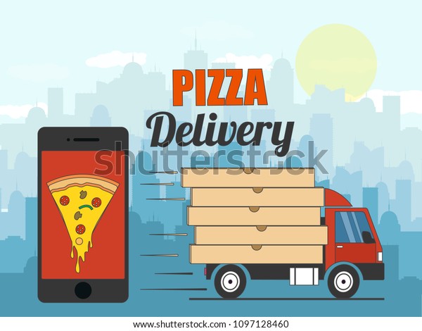 Pizza delivery background with truck, phone\
and piece of pizza. Vector\
illustration