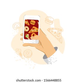 Pizza delivery banner concert hand drawn in modern flat style. Hand holding phone with different kinds of food that can be ordered by phone for delivery. Template for website. Cute Vector illustration