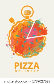 Pizza delivery banner. Vector decorative illustration with a stopwatch and an abstract image of pizza in the form of multicolored spots and splashes on a light background